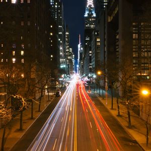 Preview wallpaper night city, road, streets, long exposure, lines