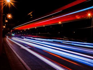 Preview wallpaper night city, road, traffic, speed, light