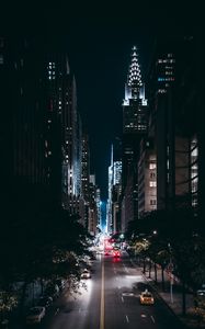 Preview wallpaper night city, road, trees, movement, new york, usa