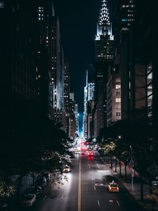 Preview wallpaper night city, road, trees, movement, new york, usa