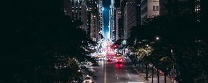 Preview wallpaper night city, road, trees, movement, new york, usa