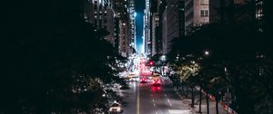 Preview wallpaper night city, road, trees, movement, new york, usa