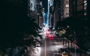 Preview wallpaper night city, road, trees, movement, new york, usa