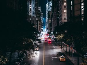 Preview wallpaper night city, road, trees, movement, new york, usa