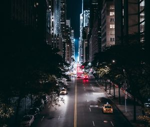 Preview wallpaper night city, road, trees, movement, new york, usa