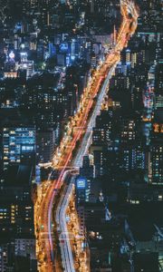 Preview wallpaper night city, road, view from above, buildings