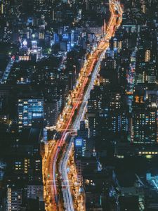 Preview wallpaper night city, road, view from above, buildings