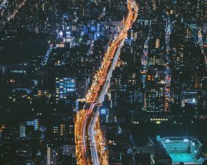 Preview wallpaper night city, road, view from above, buildings