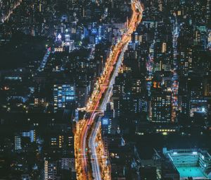 Preview wallpaper night city, road, view from above, buildings