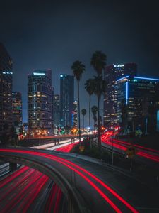 Preview wallpaper night city, roads, city lights, traffic, palm trees