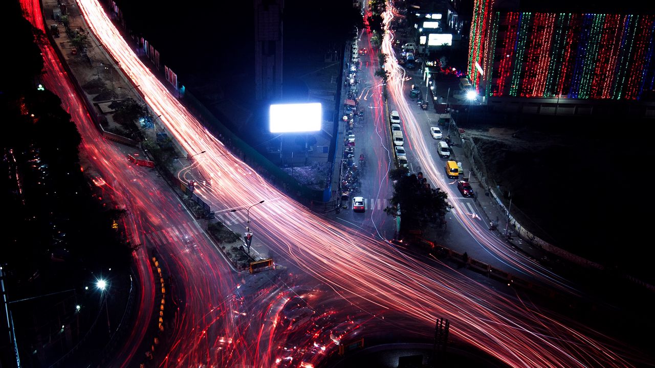 Wallpaper night city, roads, long exposure, night, aerial view