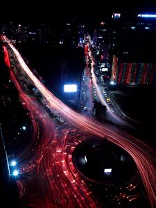 Preview wallpaper night city, roads, long exposure, night, aerial view