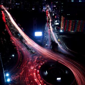 Preview wallpaper night city, roads, long exposure, night, aerial view