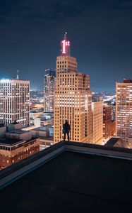 Preview wallpaper night city, silhouette, roof, buildings, lights, overview