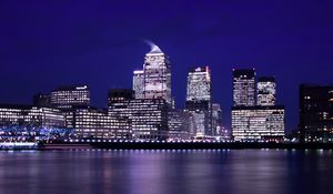 Preview wallpaper night city, skyscraper, architecture, sea