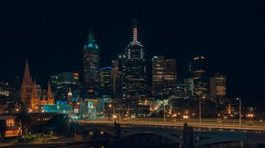 Preview wallpaper night city, skyscraper, buildings, bridge, lights