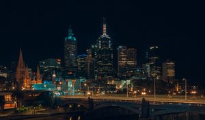 Preview wallpaper night city, skyscraper, buildings, bridge, lights