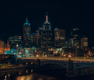 Preview wallpaper night city, skyscraper, buildings, bridge, lights