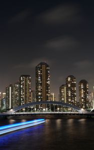 Preview wallpaper night city, skyscrapers, bridge, city lights, tokyo, japan