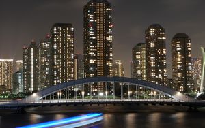 Preview wallpaper night city, skyscrapers, bridge, city lights, tokyo, japan