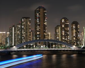 Preview wallpaper night city, skyscrapers, bridge, city lights, tokyo, japan