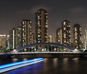 Preview wallpaper night city, skyscrapers, bridge, city lights, tokyo, japan