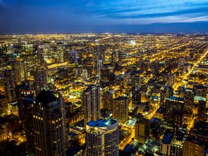 Preview wallpaper night city, skyscrapers, buildings, architecture, lights, aerial view