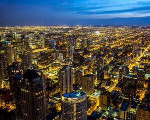 Preview wallpaper night city, skyscrapers, buildings, architecture, lights, aerial view