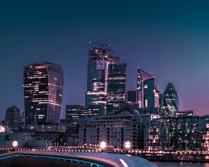 Preview wallpaper night city, skyscrapers, buildings, train