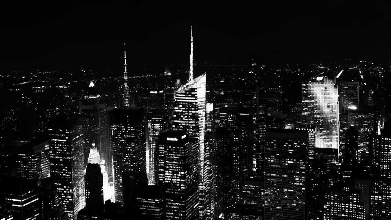 Wallpaper night city, skyscrapers, buildings, aerial view, new york, black and white