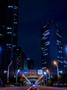 Preview wallpaper night city, skyscrapers, city lights, bridge