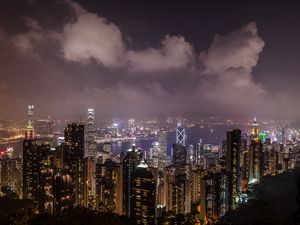 Preview wallpaper night city, skyscrapers, metropolis, city lights, hong kong