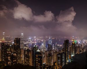 Preview wallpaper night city, skyscrapers, metropolis, city lights, hong kong