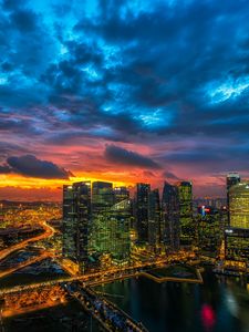 Preview wallpaper night city, skyscrapers, metropolis, sunset, clouds