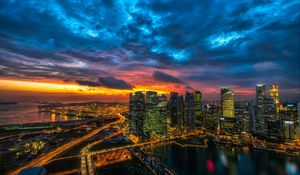 Preview wallpaper night city, skyscrapers, metropolis, sunset, clouds