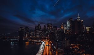 Preview wallpaper night city, skyscrapers, night, bridge