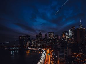 Preview wallpaper night city, skyscrapers, night, bridge