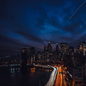 Preview wallpaper night city, skyscrapers, night, bridge