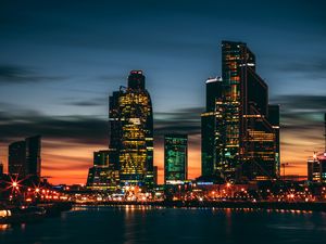 Preview wallpaper night city, skyscrapers, panorama, river