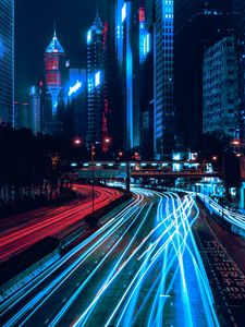 Preview wallpaper night city, skyscrapers, road, light, traffic, wan chai, hong kong