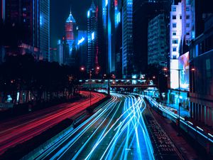 Preview wallpaper night city, skyscrapers, road, light, traffic, wan chai, hong kong