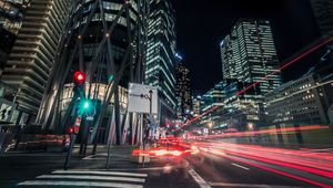 Preview wallpaper night city, skyscrapers, traffic, road, defense, france