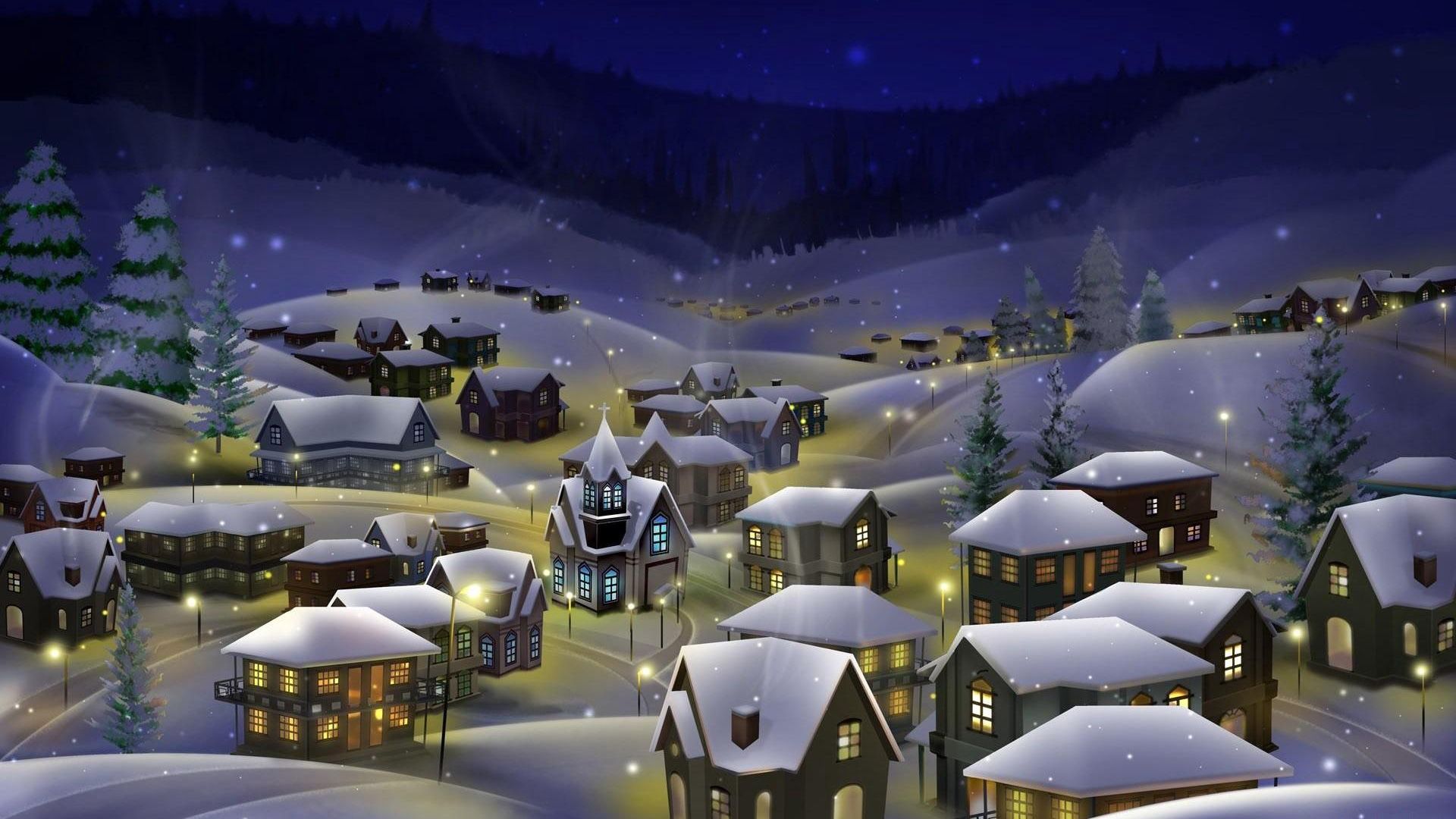 Download wallpaper 1920x1080 night, city, snow, christmas, holiday full hd,  hdtv, fhd, 1080p hd background