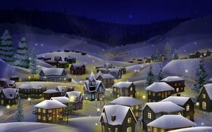 Preview wallpaper night, city, snow, christmas, holiday