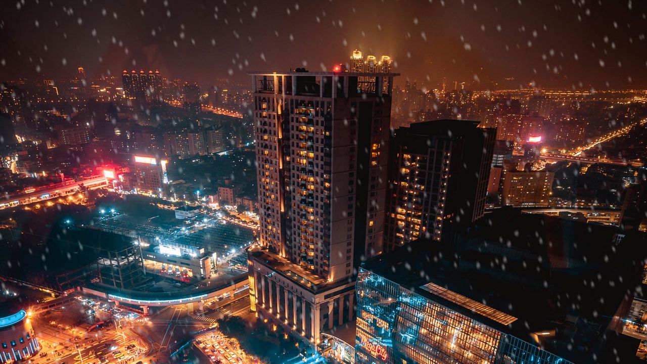 Wallpaper night city, snowfall, city lights, taipei, taiwan