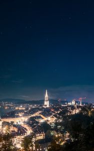 Preview wallpaper night city, starry sky, night, city lights, aerial view