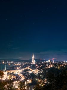 Preview wallpaper night city, starry sky, night, city lights, aerial view