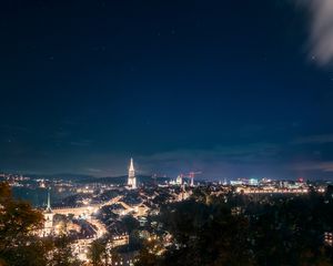 Preview wallpaper night city, starry sky, night, city lights, aerial view