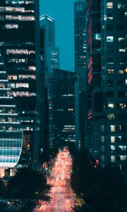 Preview wallpaper night city, street, aerial view, road, buildings, lights