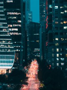 Preview wallpaper night city, street, aerial view, road, buildings, lights